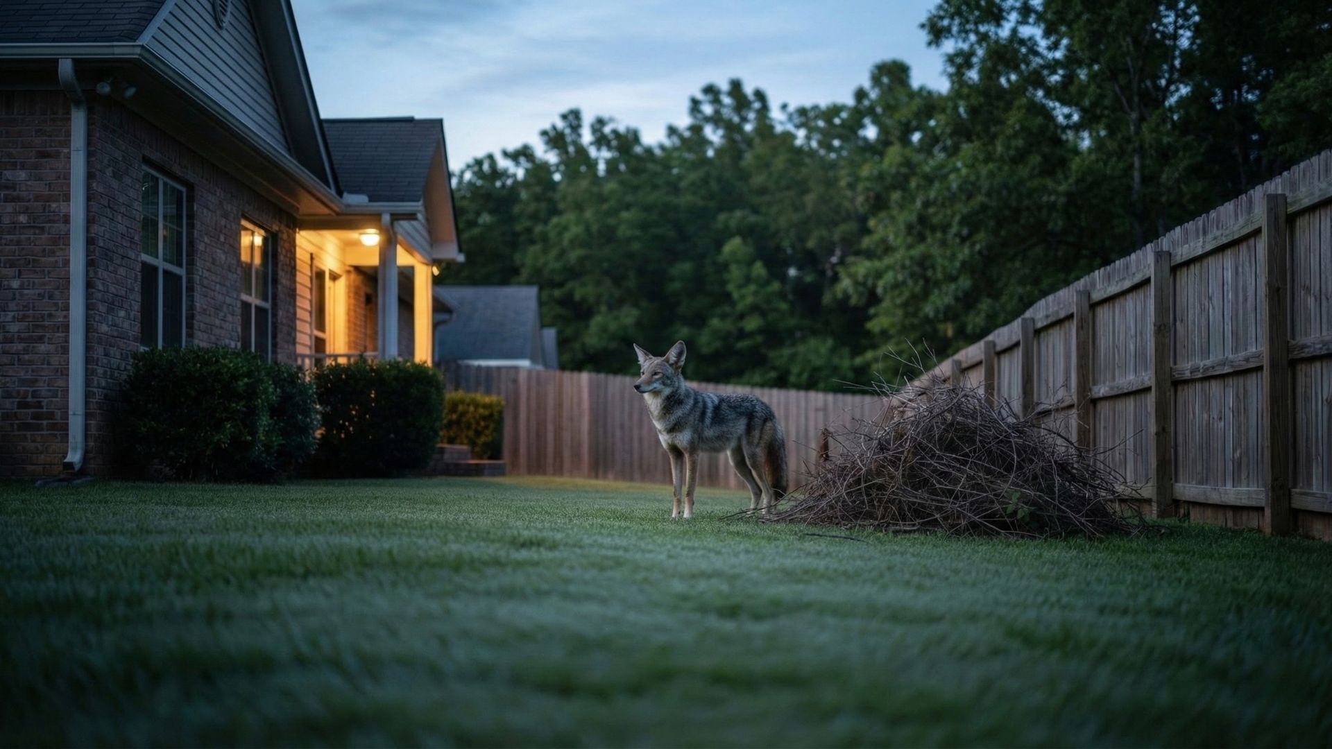 Coyote in a residential backyard near tall grass and brush at dusk in Lowell Arkansas