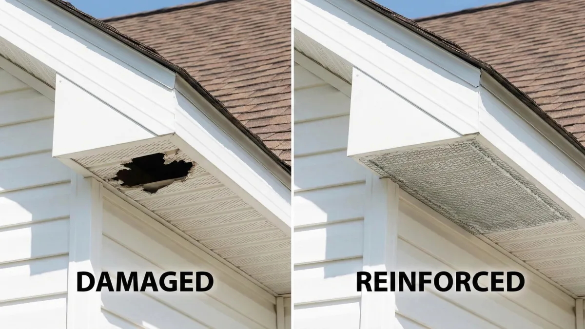 Before and after comparison of vinyl soffit wildlife damage repaired with metal exclusion material on a Lowell Arkansas home