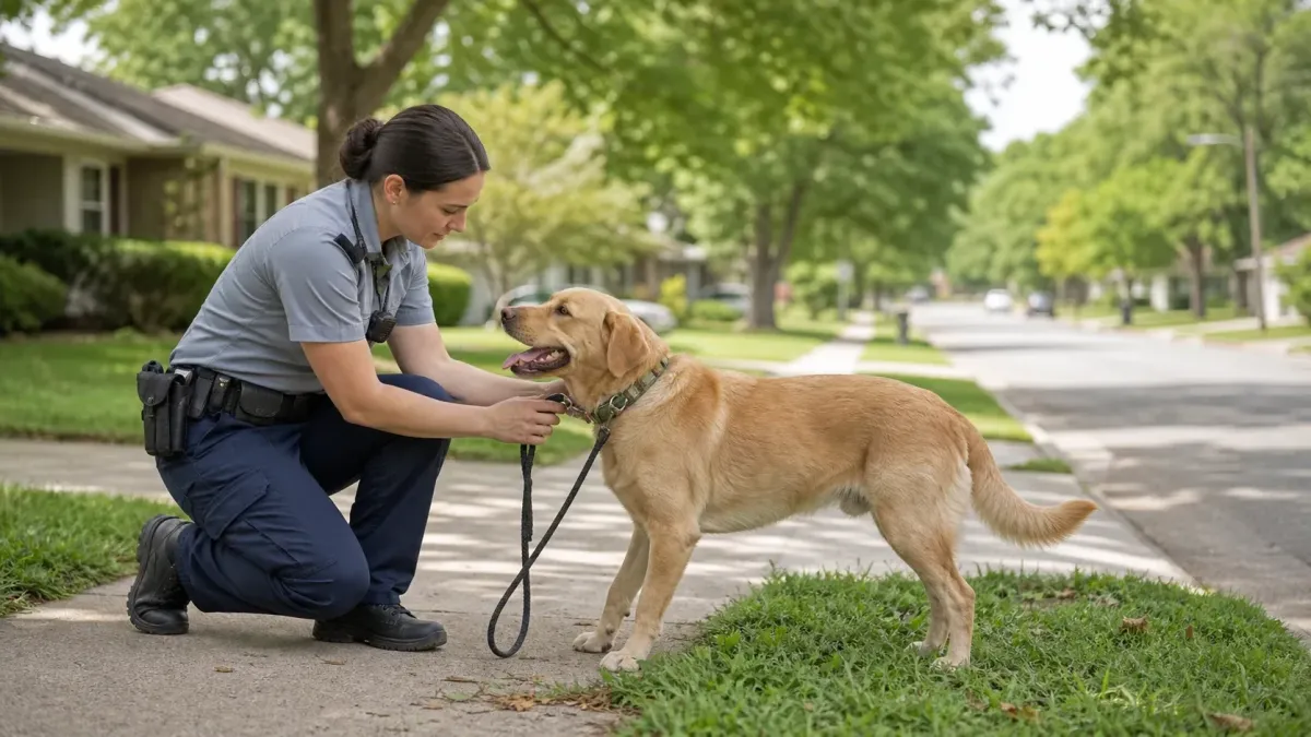Animal control officer safely helping a friendly stray dog on a residential street in Rogers, Arkansas.
