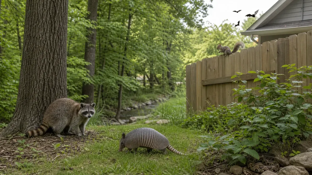 Raccoon, squirrel, armadillo, bats, and snake near a wooded backyard in Rogers, Arkansas.