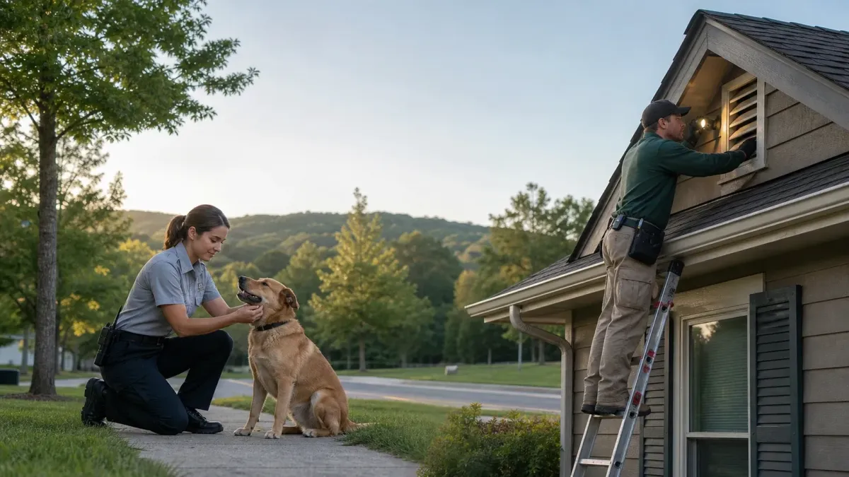 Wildlife control technician inspecting a home while an animal control officer helps a stray dog in Rogers, Arkansas.