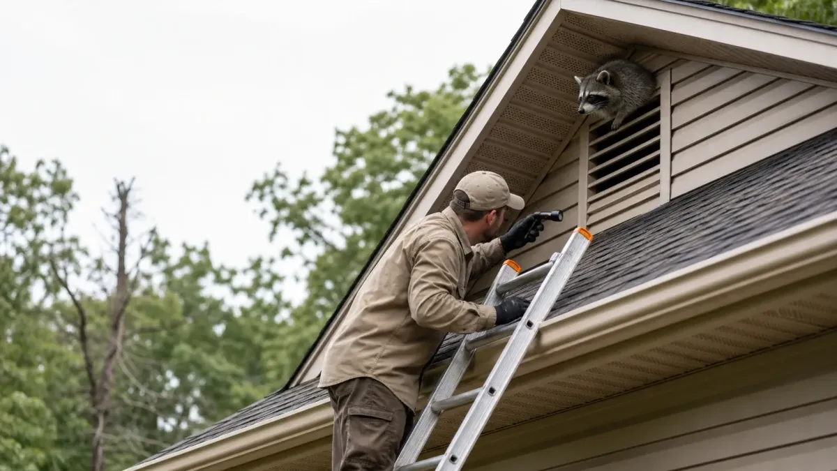 Licensed wildlife control technician inspecting an attic vent for raccoon entry points at a Rogers, Arkansas home.