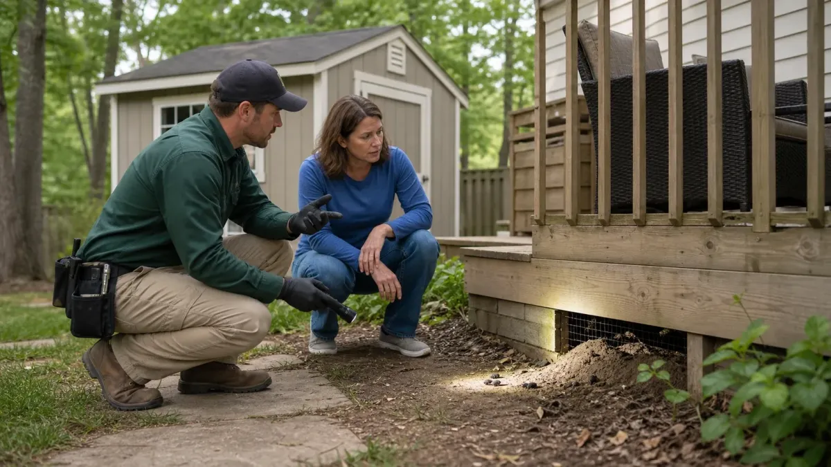 Wildlife control technician showing a homeowner a hidden entry point under a backyard deck.