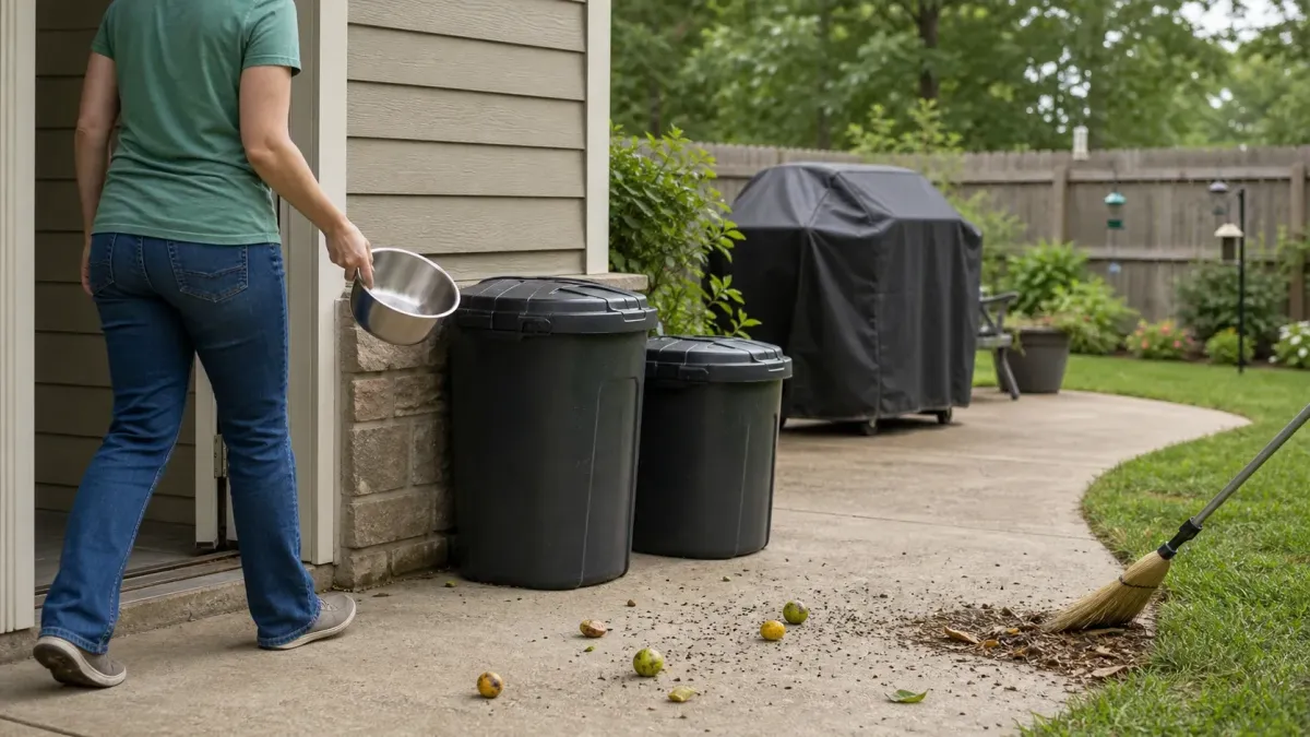 Homeowner cleaning fallen fruit and securing trash cans to reduce wildlife attractants in a backyard.