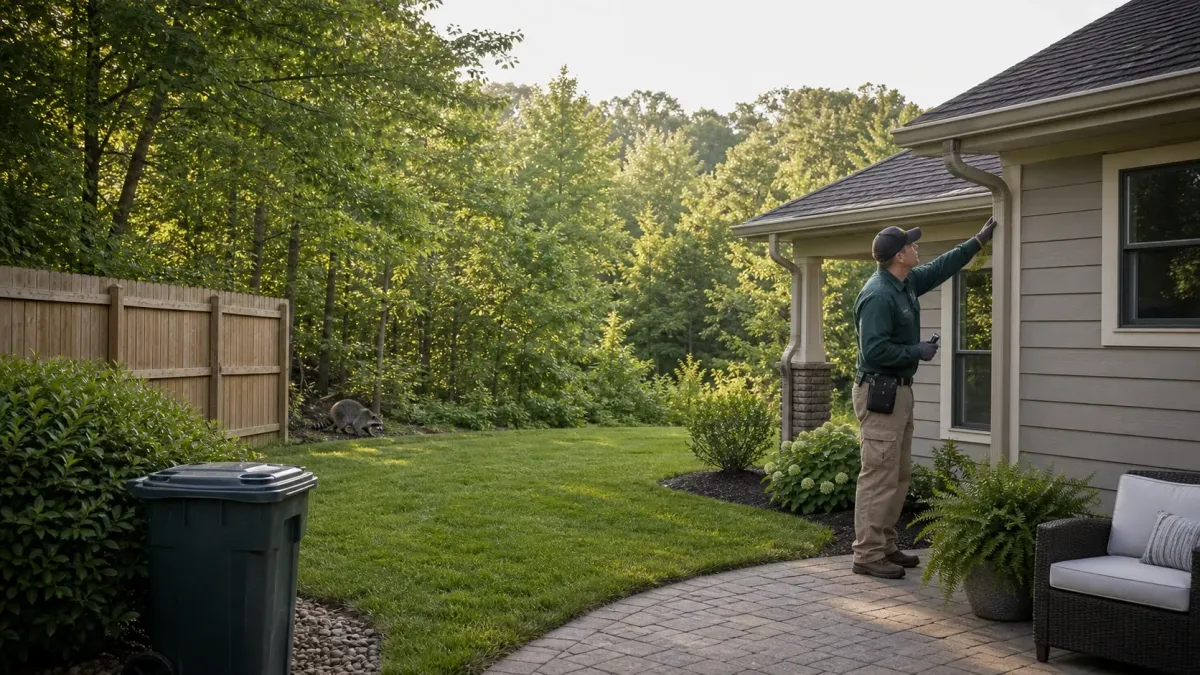 Wildlife control technician inspecting a clean backyard in Rogers, Arkansas to help keep wild animals away from the home.
