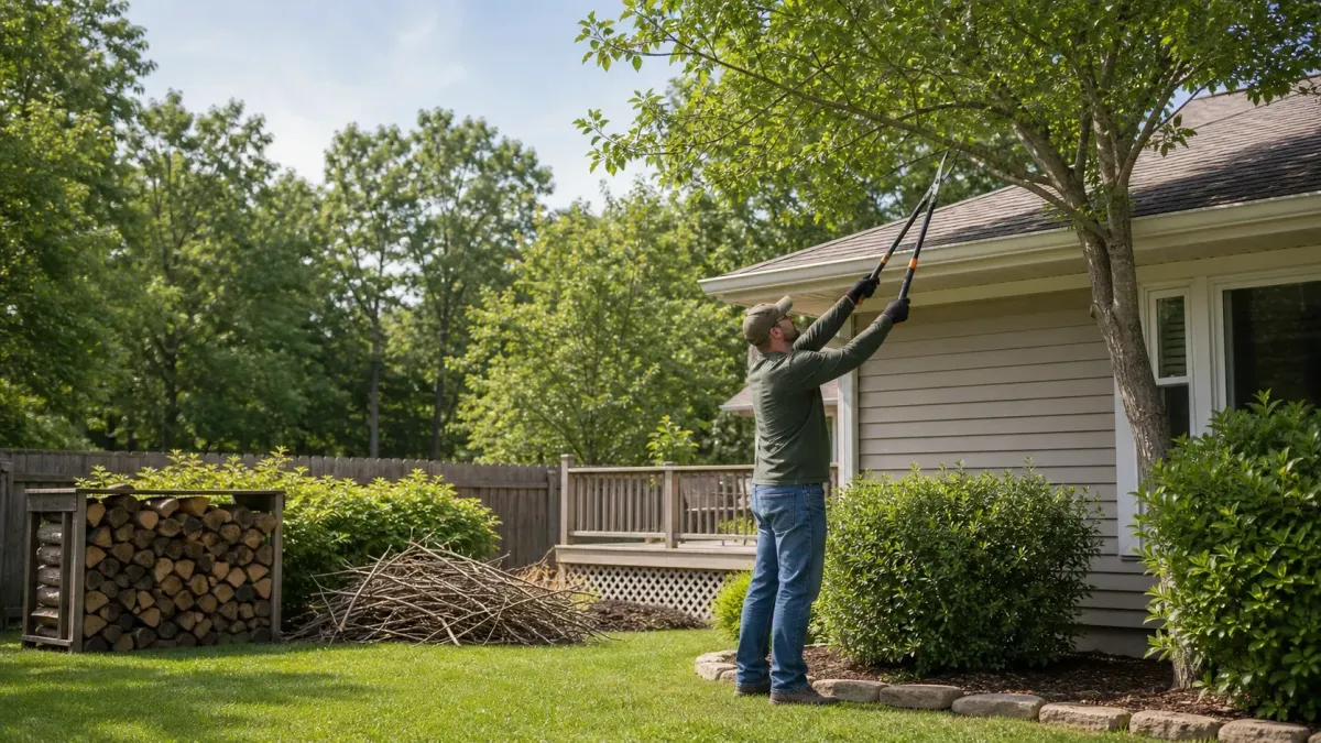 Homeowner trimming tree branches away from the roofline to reduce wildlife access to the home.