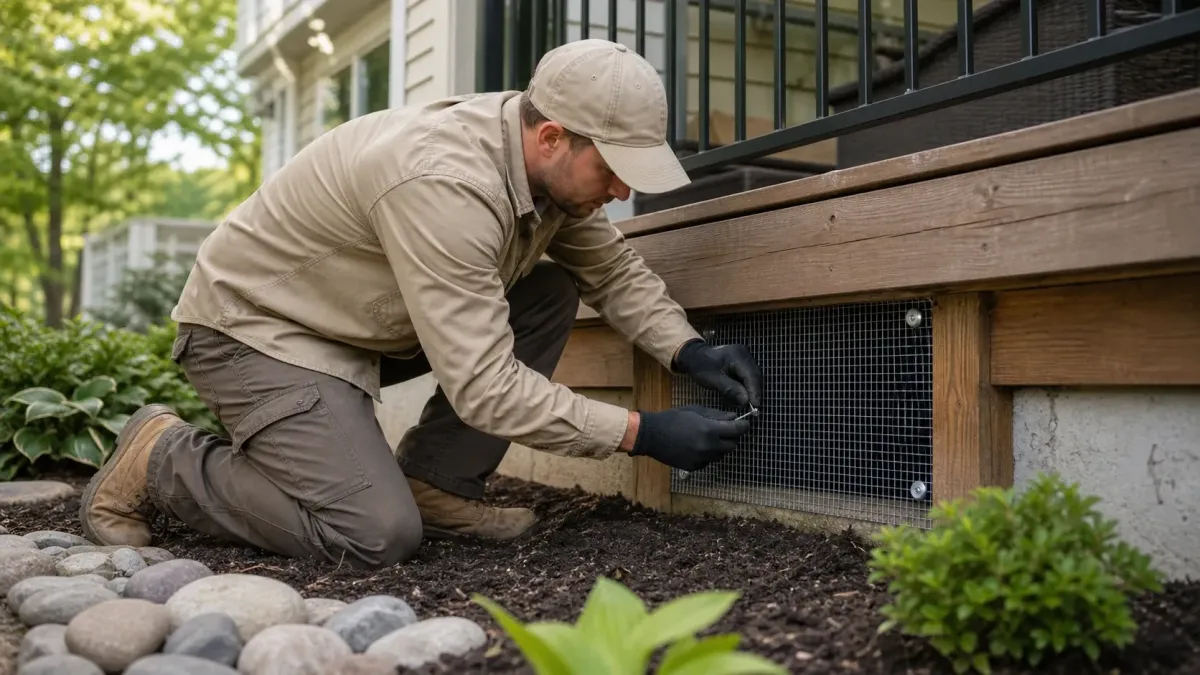 Wildlife control technician sealing a gap under a deck with durable exclusion material to prevent animal entry.