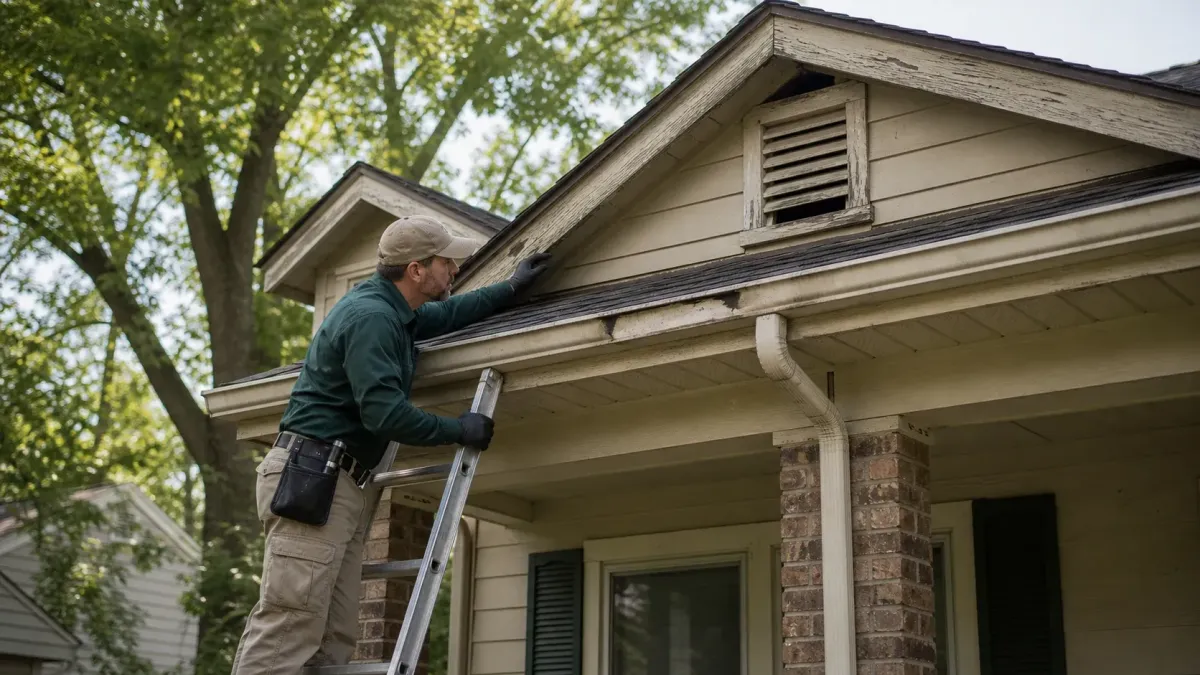 Wildlife control technician inspecting worn soffit, fascia, and attic vent areas on an older Northwest Arkansas home.