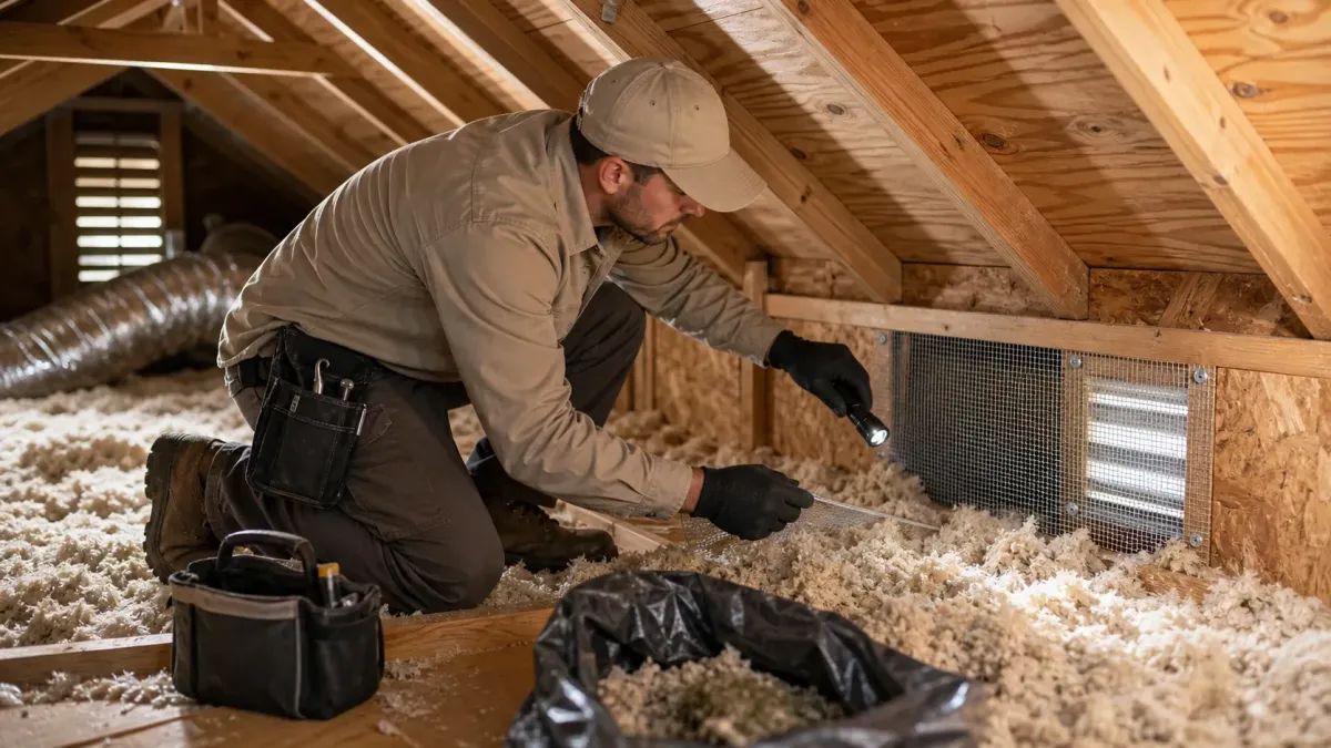 Wildlife control technician sealing an attic vent entry point with exclusion material inside a residential attic.