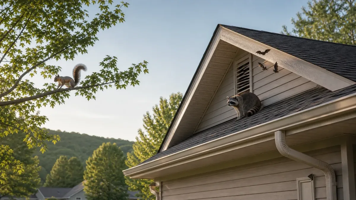 Squirrel and raccoon near the roofline of an Arkansas home, showing common wildlife that can enter attics.