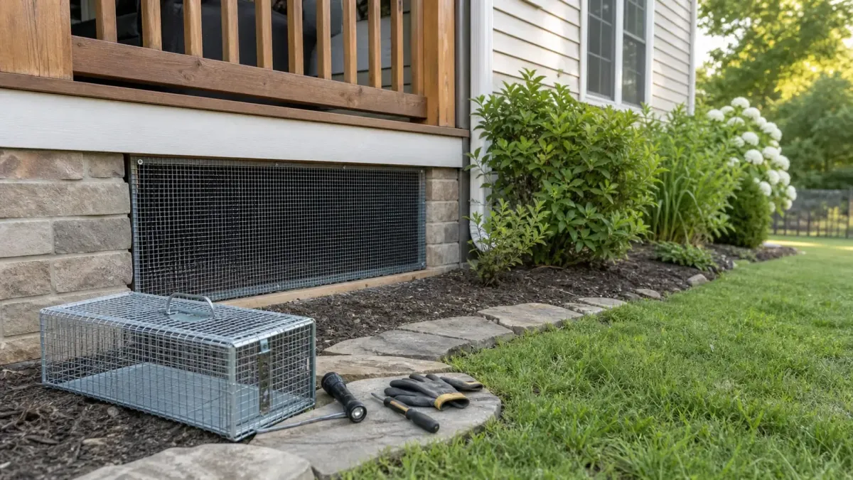 Sealed crawl space with wildlife exclusion mesh after opossum removal