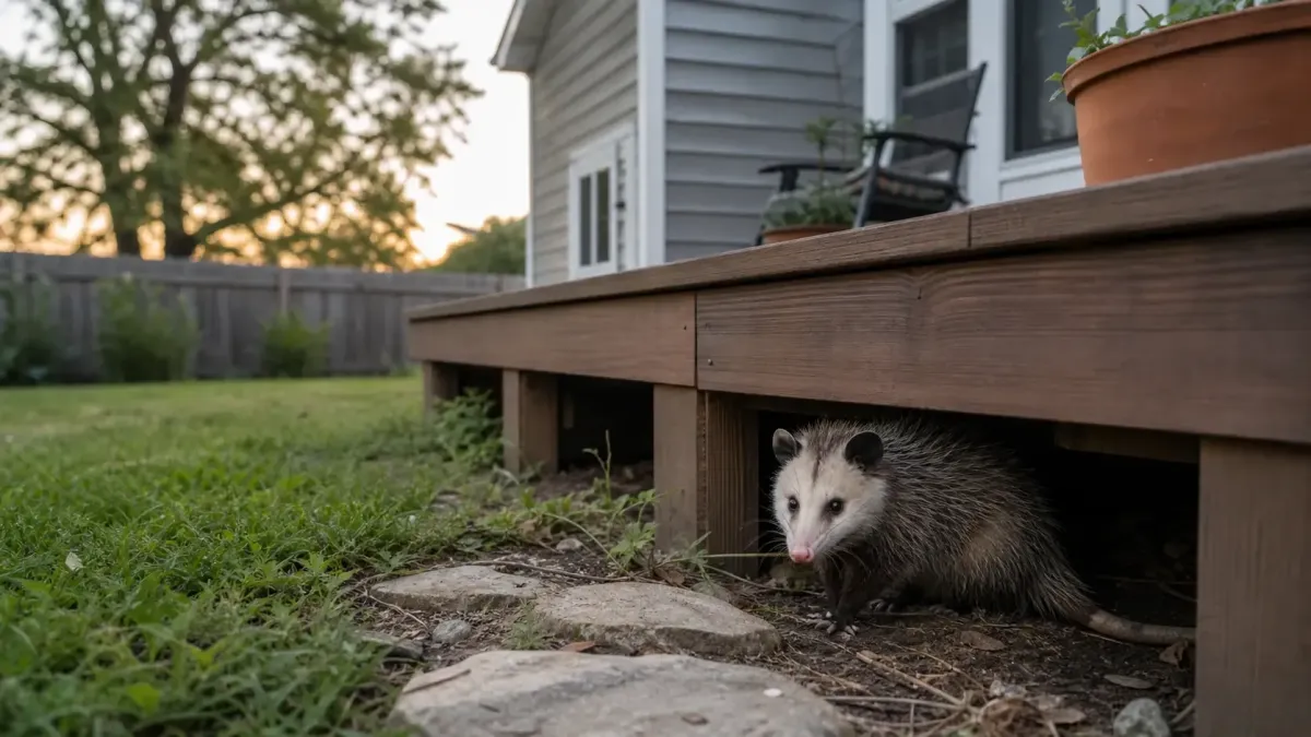 Opossum hiding under a backyard deck in Rogers AR before professional wildlife removal