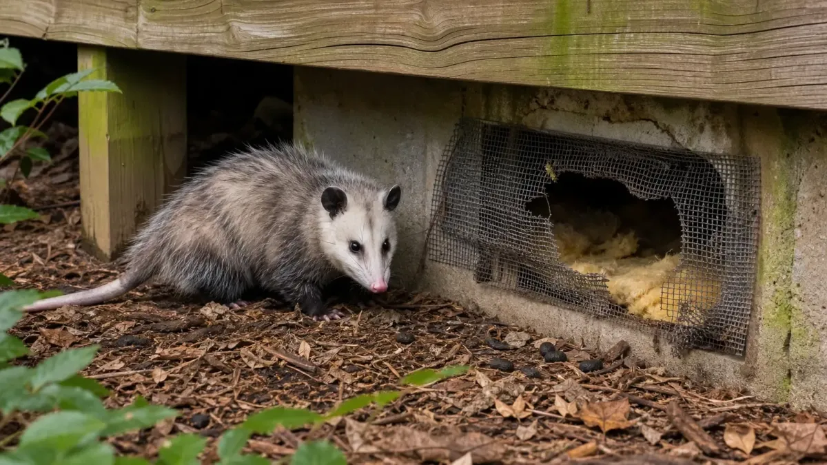 Opossum beside a damaged crawl space vent showing signs of wildlife entry