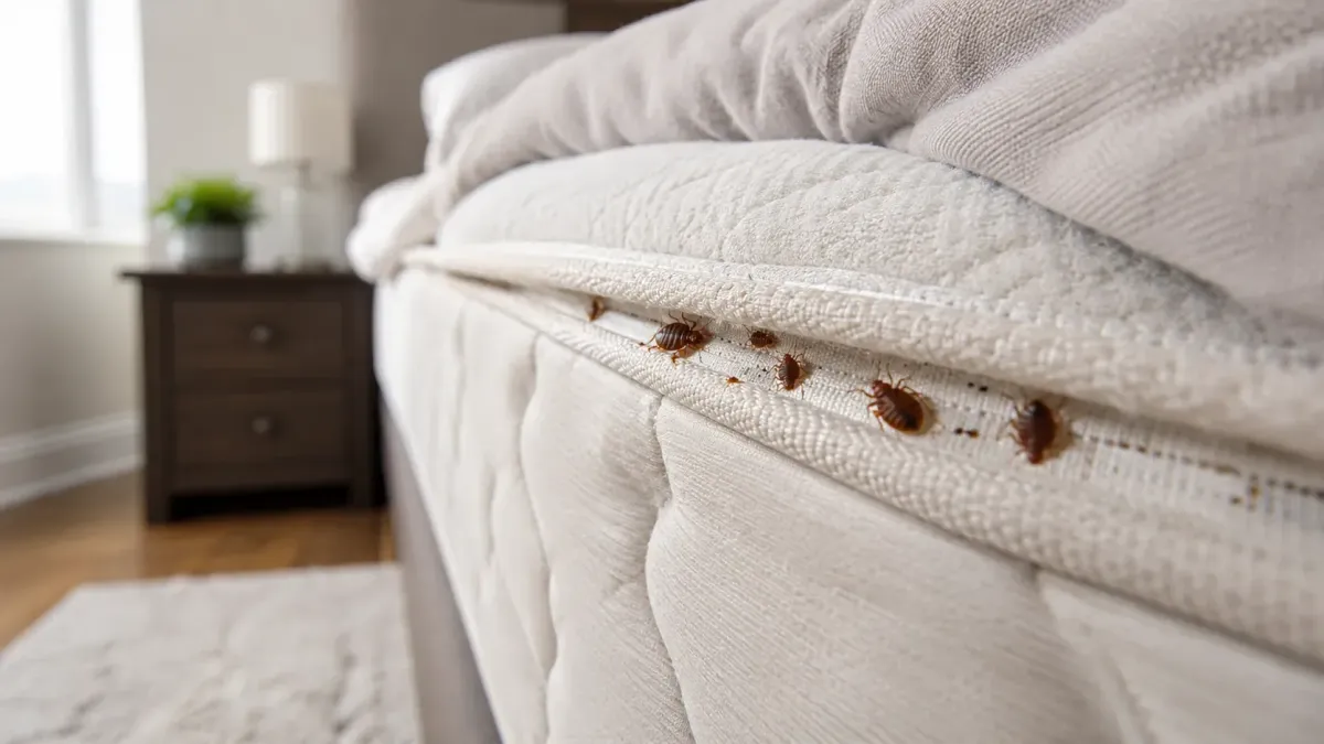 Bed bugs hiding along a mattress seam in a Rogers AR bedroom