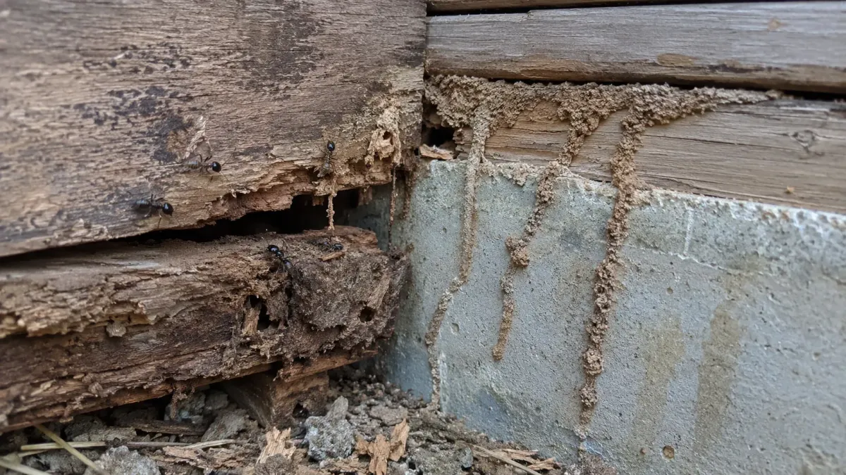 Carpenter ants and subterranean termite mud tubes damaging wood near a home foundation in Northwest Arkansas