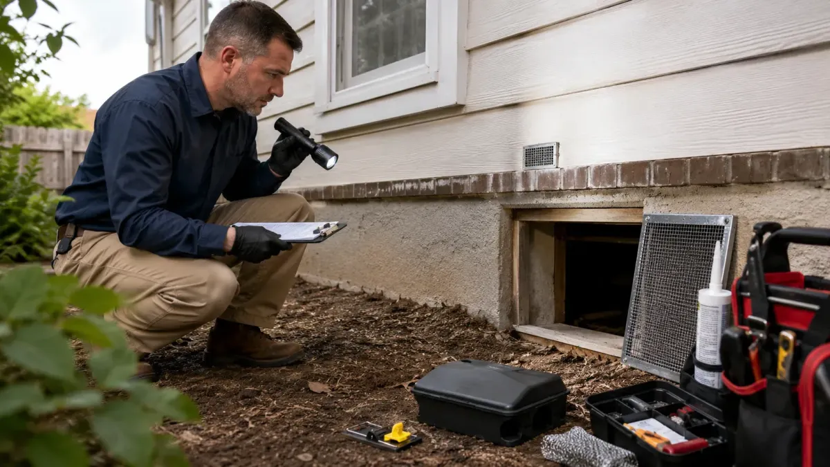 Pest control technician inspecting a crawl space with traps exclusion materials and treatment tools in Rogers AR