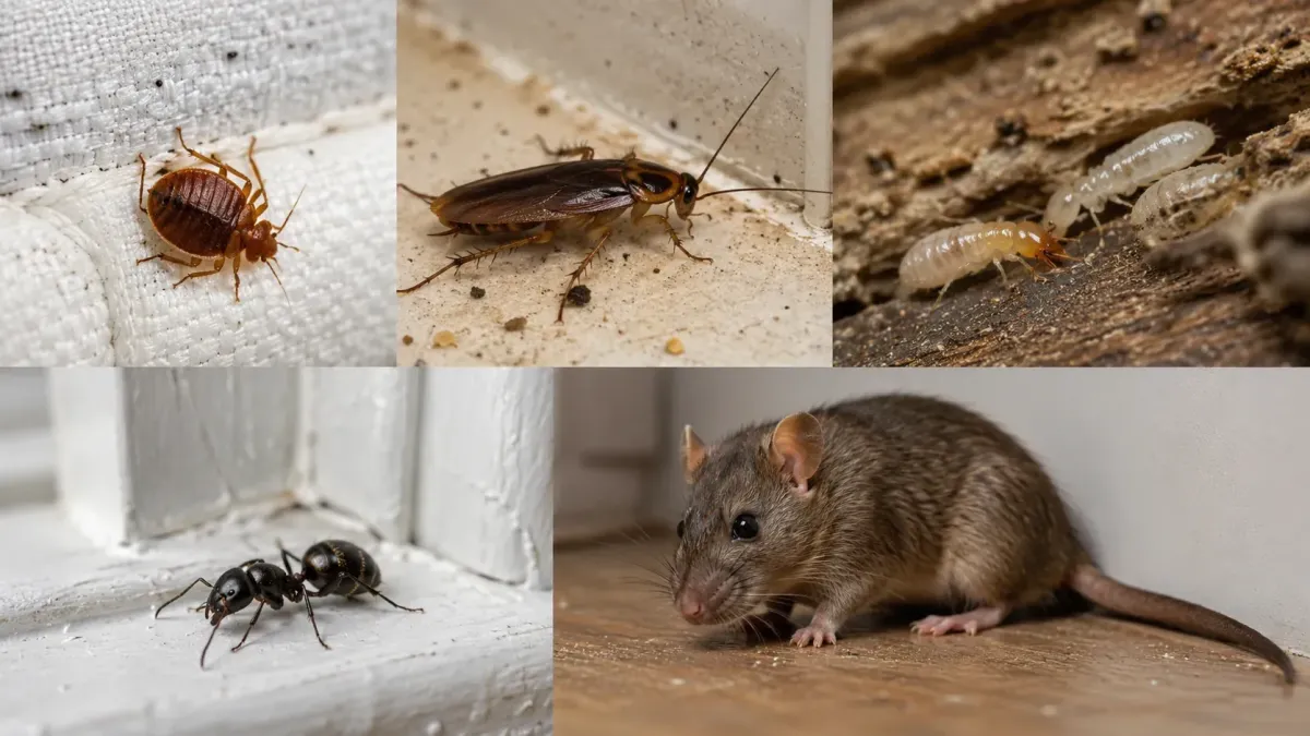 Bed bug German cockroach termite carpenter ant and roof rat shown as tough household pests in Rogers AR