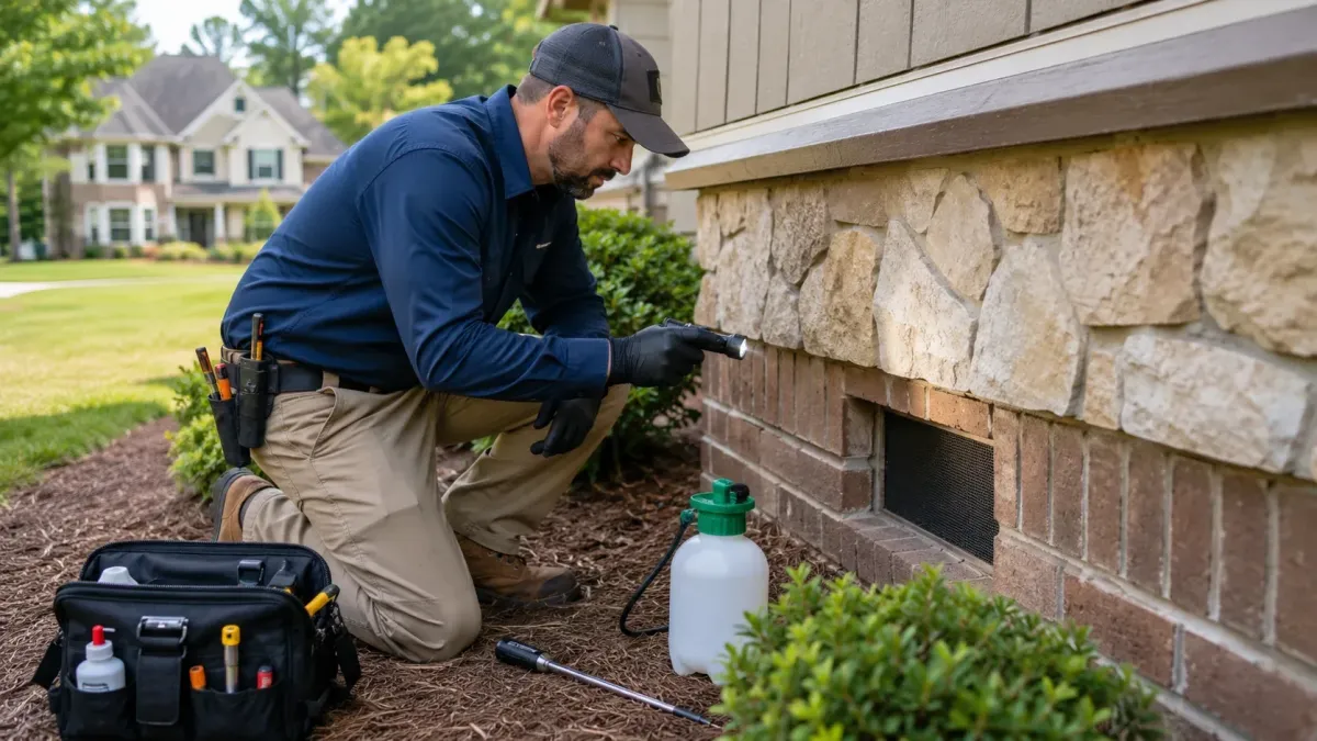 Pest control technician inspecting a home foundation to determine if fumigation is necessary in Rogers AR