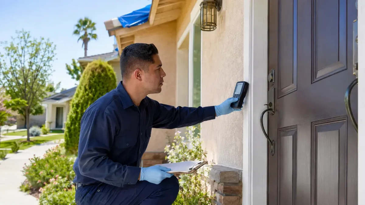 Licensed fumigation technician checking safe re-entry levels at the front door of a Rogers AR home