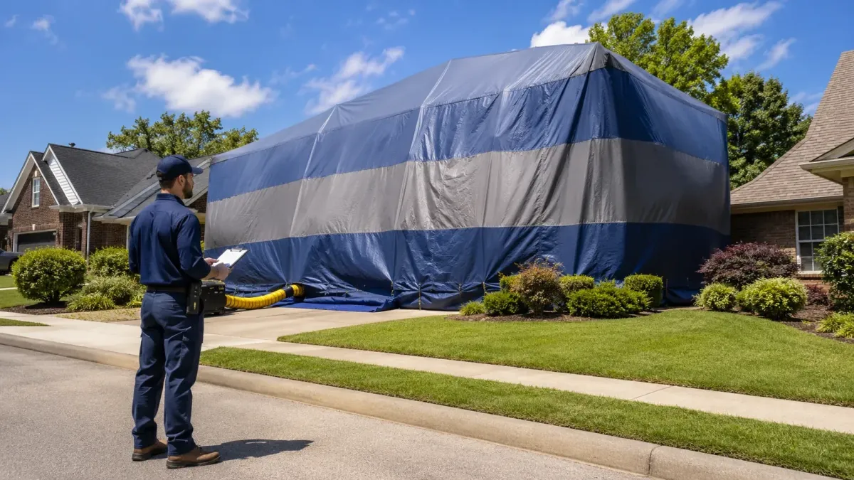 Fumigation tent covering a Rogers AR home with a technician checking the property before re-entry