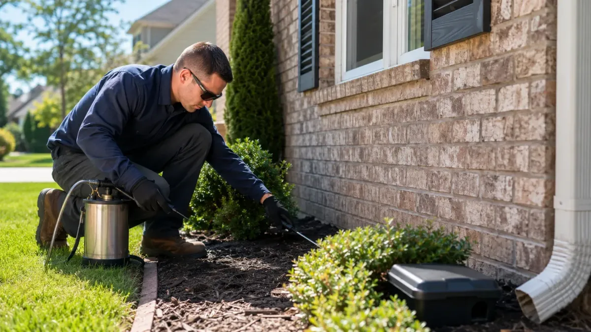 Pest control technician applying treatment along a home foundation in Rogers AR