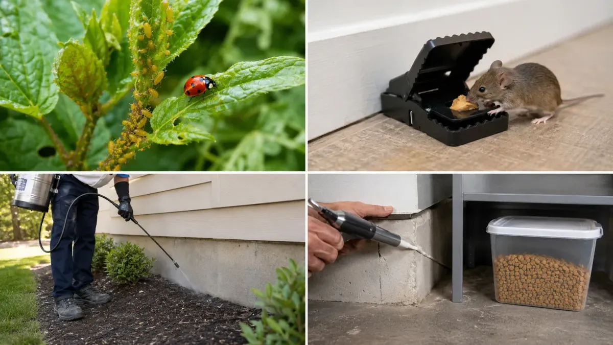 Ladybugs controlling aphids, a mouse trap, perimeter spray treatment, and sealing cracks as examples of pest control methods