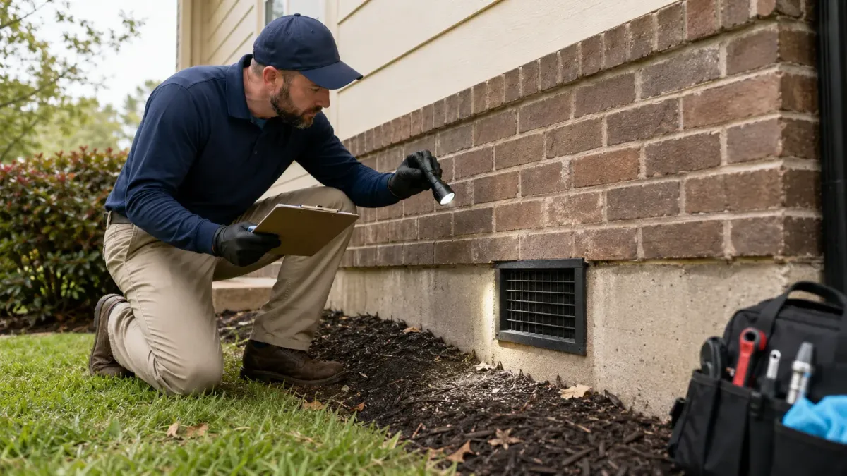Pest control technician inspecting a home foundation vent with a flashlight and clipboard in Rogers AR