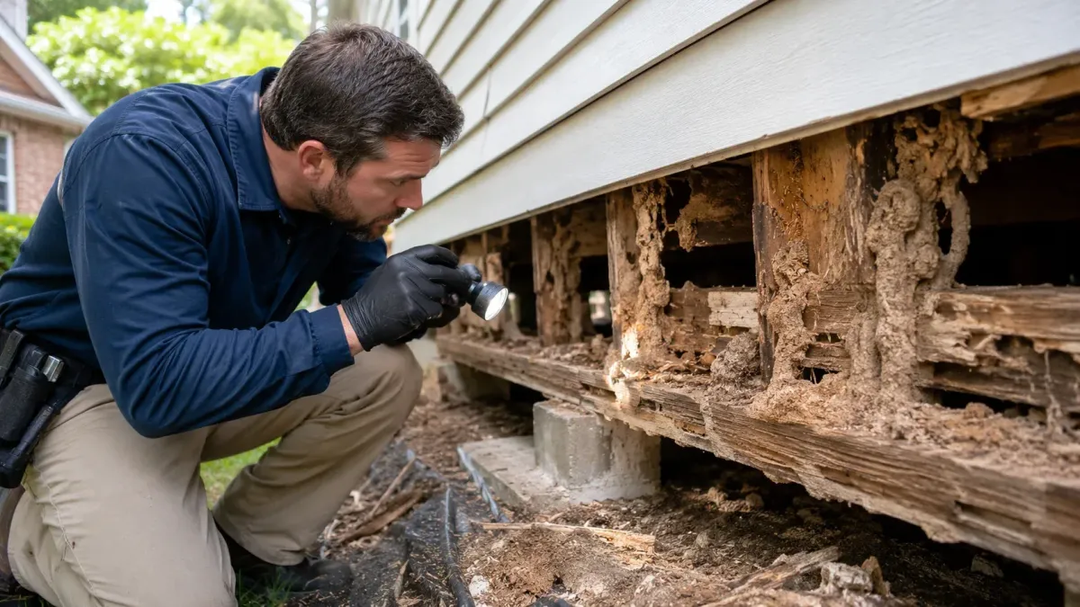 Pest control technician inspecting severe termite damage under a Rogers AR home