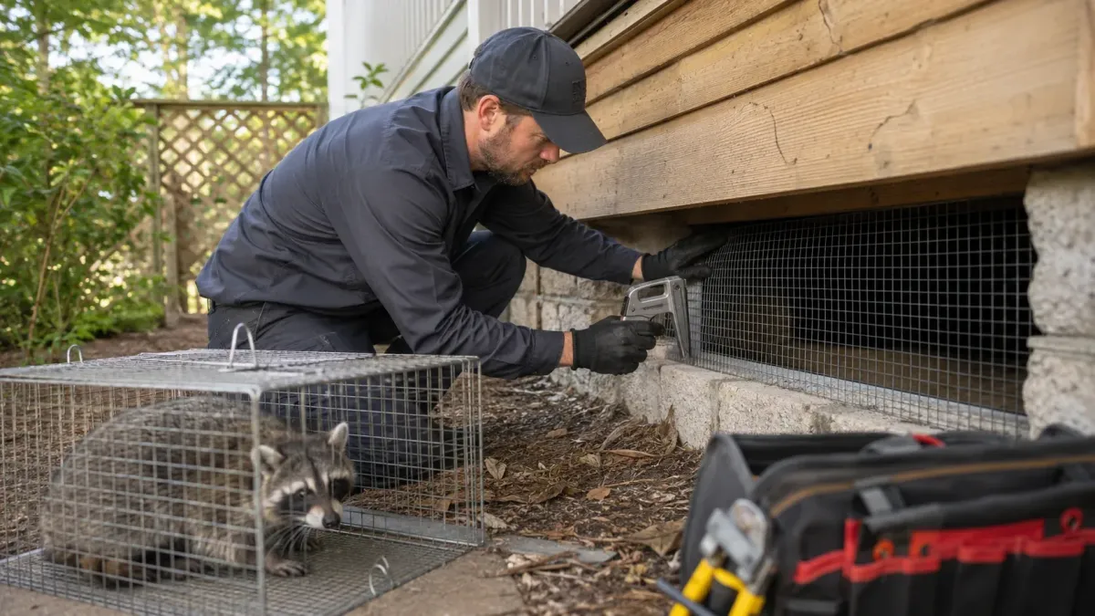 Wildlife control technician sealing a crawl space after humane raccoon removal in Rogers AR