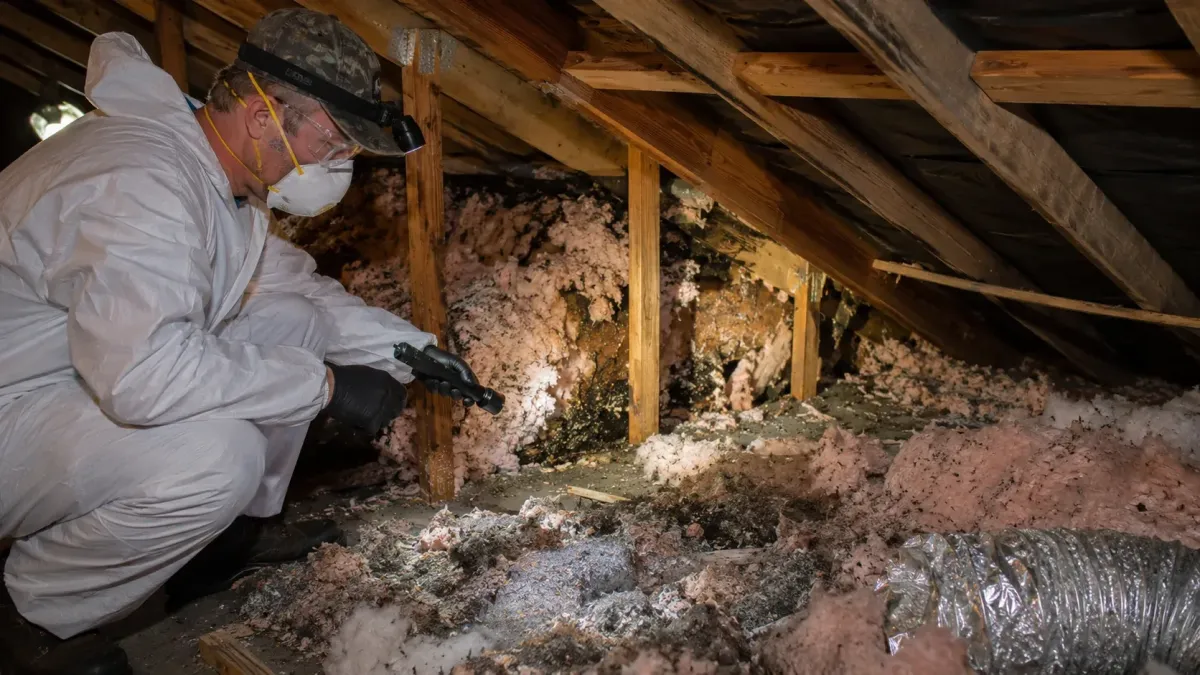 Pest control technician inspecting contaminated attic insulation after a rodent infestation in Rogers AR