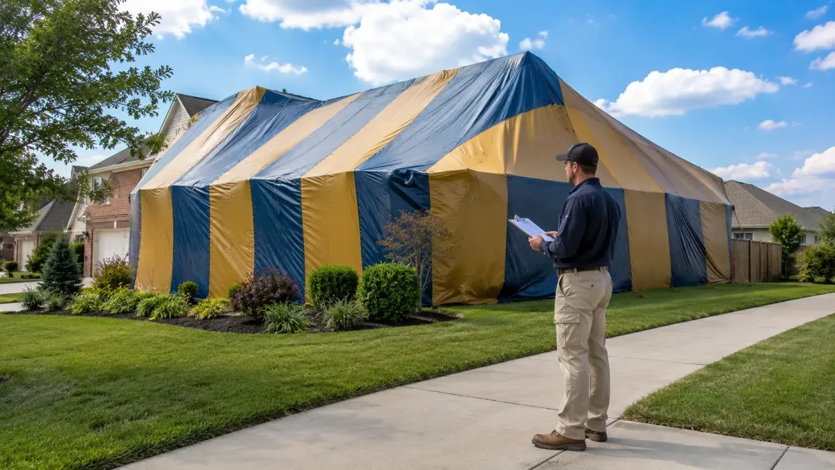 Fumigation tent covering a Rogers AR home with a technician checking the property before clearance