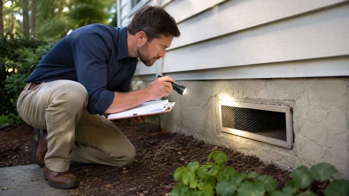 Pest control technician inspecting a foundation vent to determine if fumigation is necessary in Rogers AR