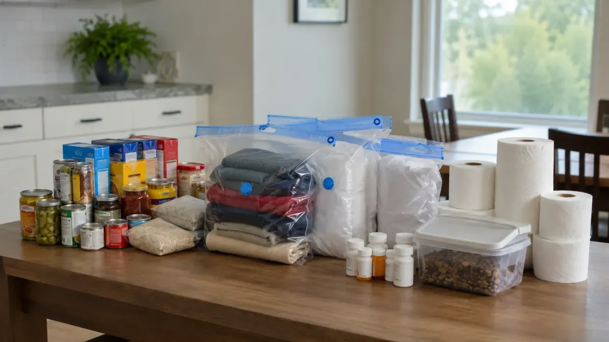 Bagged food, medicine, bedding, toilet paper, and household items prepared for fumigation safety