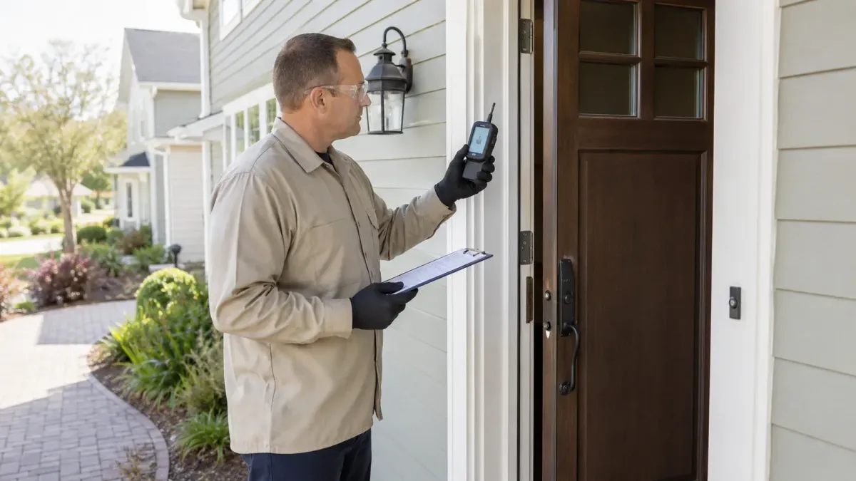 Licensed fumigation technician testing air levels at the front door before safe re-entry in Rogers AR