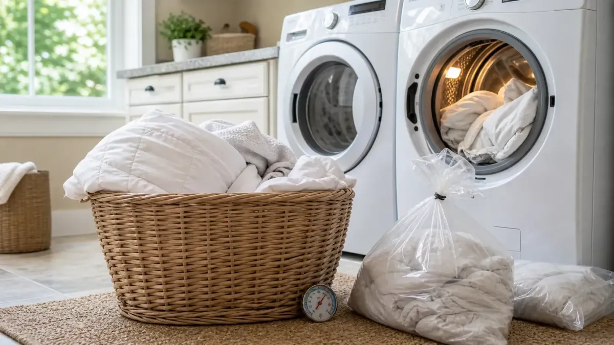 Bedding and clothes prepared for high heat drying to help remove bed bugs