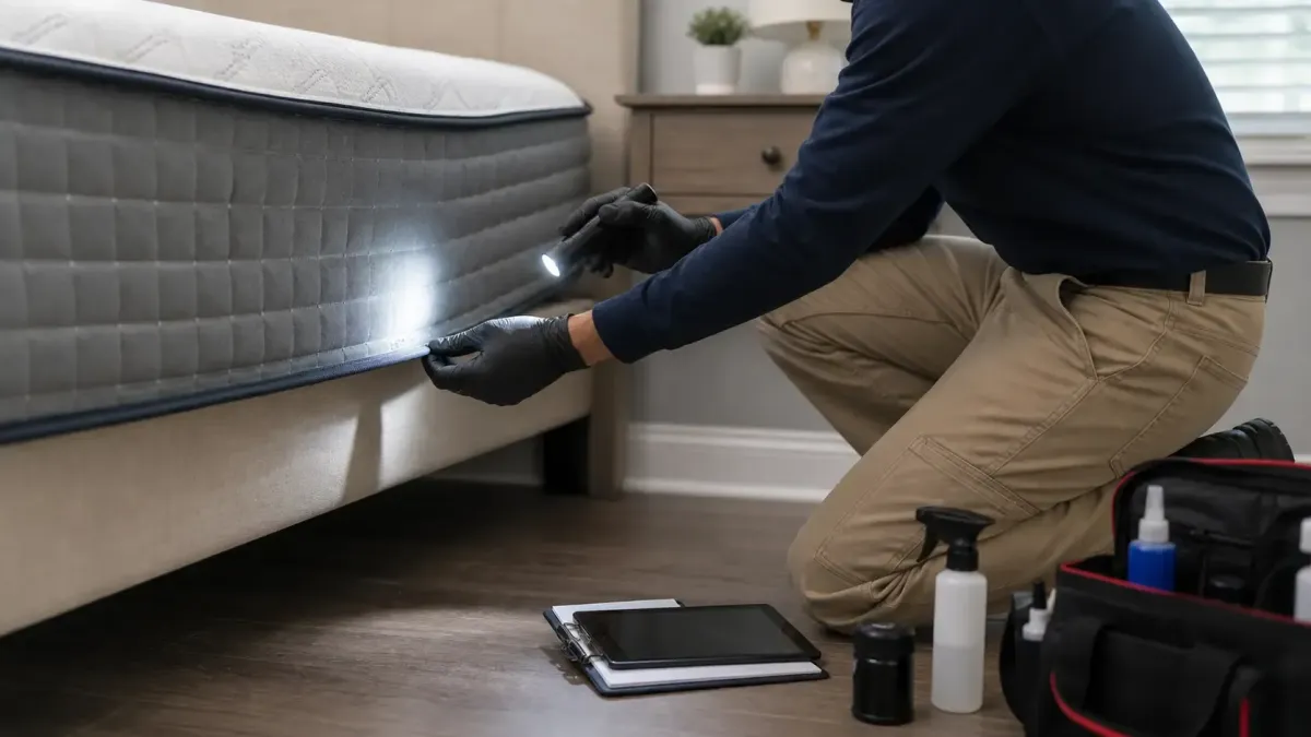 Pest control technician inspecting mattress seams for bed bugs in a Rogers AR home