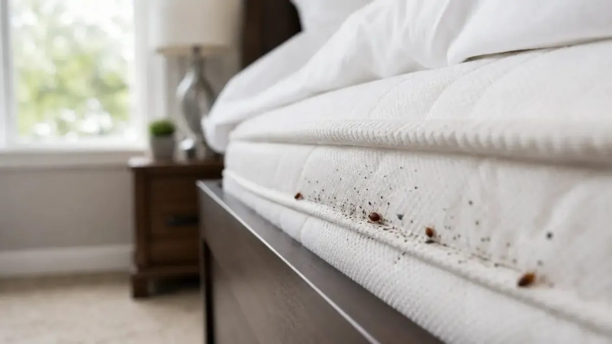 Bed bugs and droppings along a mattress seam in a Rogers AR bedroom