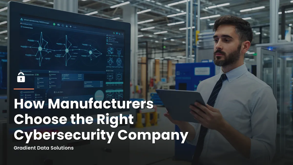 Plant manager reviewing network security data on tablet at factory control panel