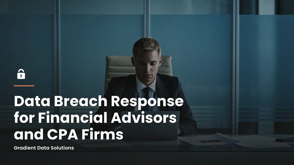 Financial advisor reviewing breach response documents at a conference table with a laptop