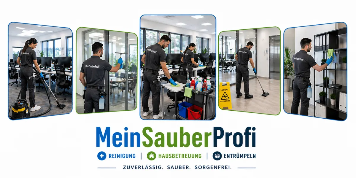 Büroreinigung in Wien und Niederösterreich – professionelles Reinigungsteam von MeinSauberProfi bei der Arbeit im modernen Büro mit Staubsaugen, Oberflächenreinigung und Glasreinigung