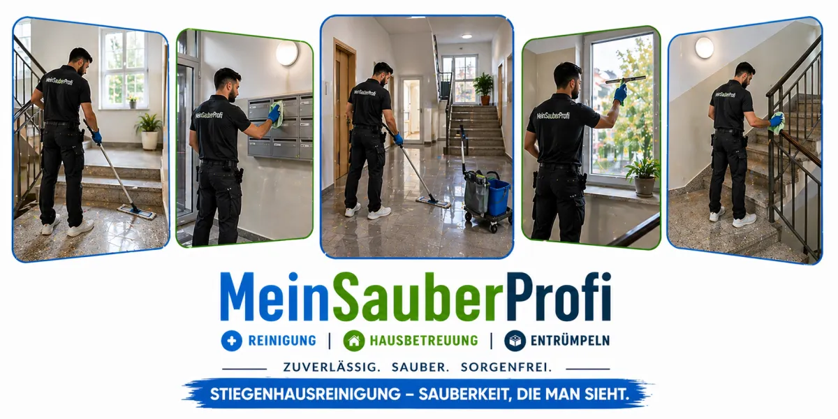 Stiegenhausreinigung in Wien und Niederösterreich – MeinSauberProfi Team bei Reinigung von Treppen, Geländern, Eingangsbereichen und Gemeinschaftsflächen in Wohnanlagen
