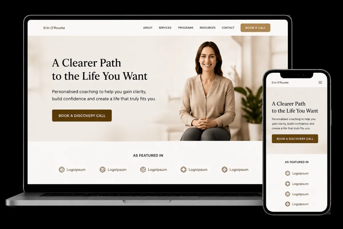 Laptop mockup showcasing portfolio work for coaches and wellness businesses