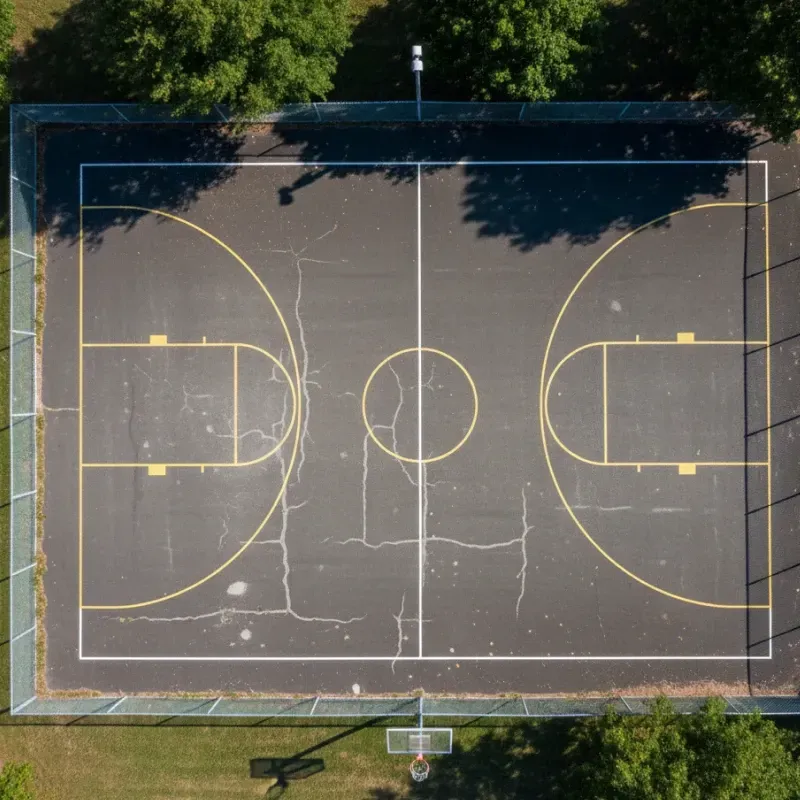 Aerial top-down view of a basketball court that is yet to be painted with pickleball lines