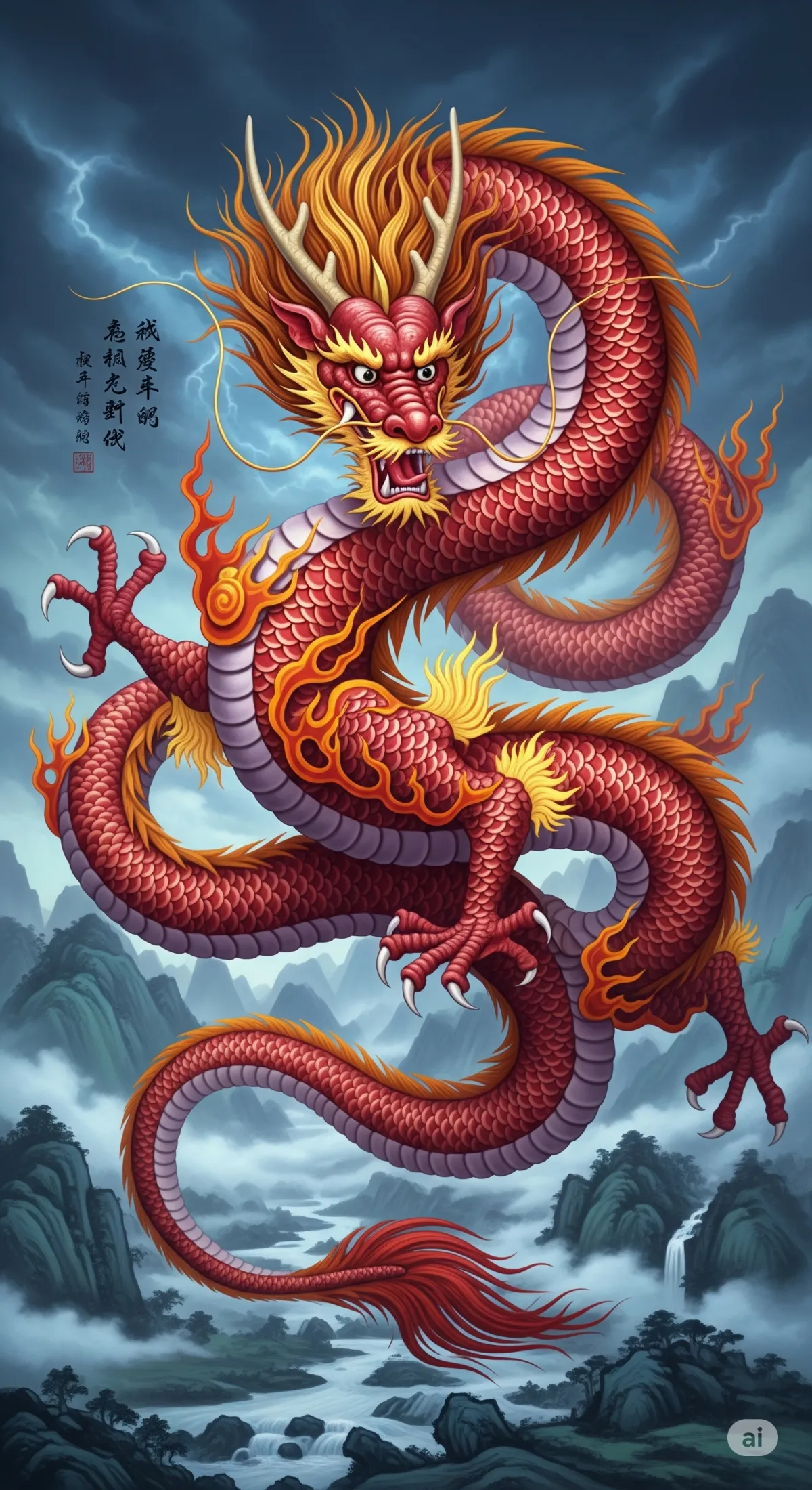 Traditional Chinese scroll painting of a red dragon with flaming mane and lightning background, symbolizing power and protection in martial arts culture.