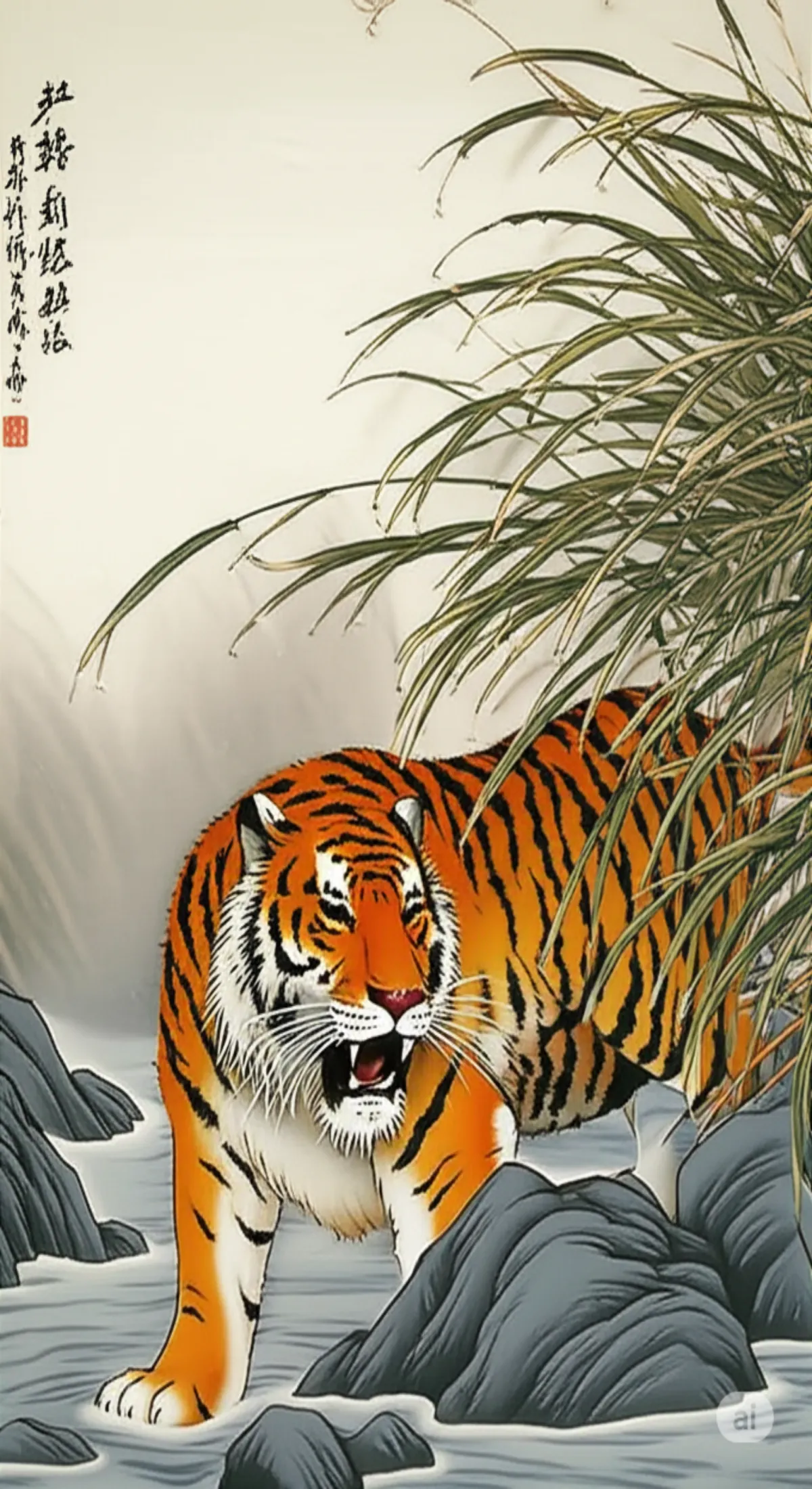Traditional East Asian painting of a tiger emerging from reeds near a mountain stream, representing strength, focus, and alertness in martial arts symbolism.