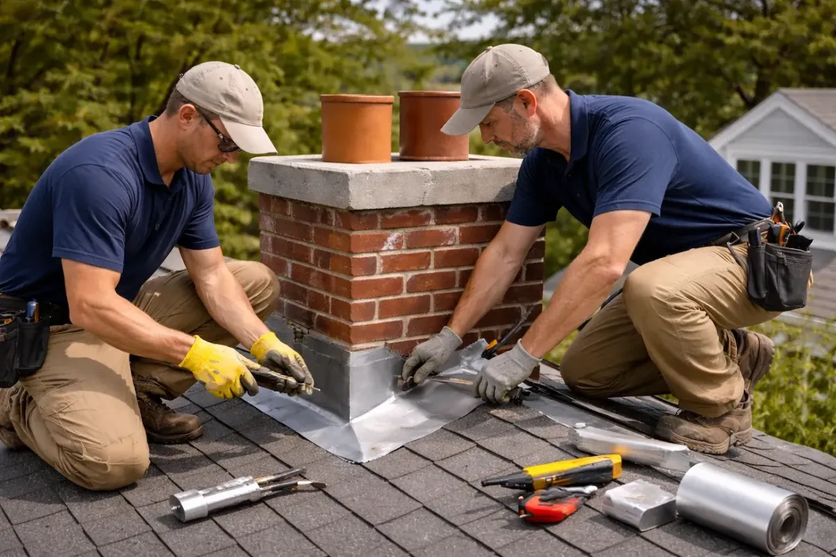 Chimney flashing repair in Newburyport MA with two-man crew sealing roof flashing