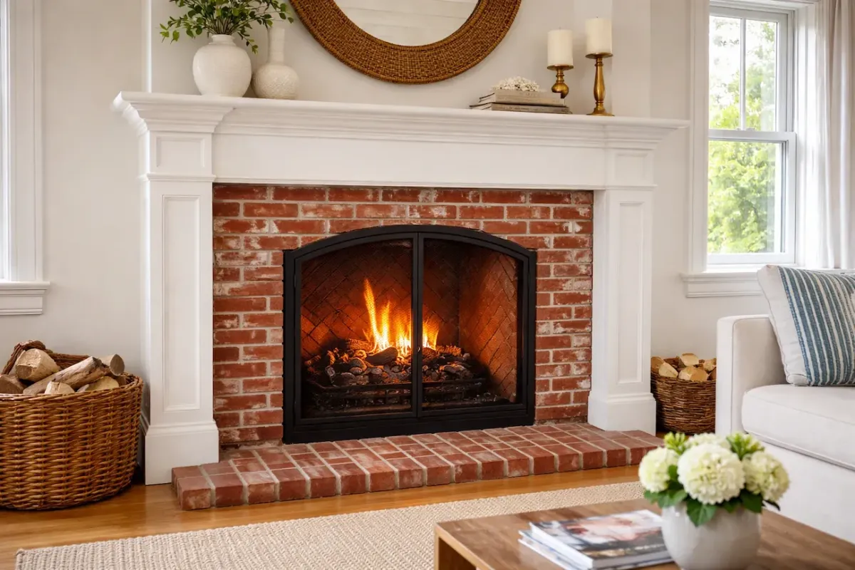 Finished brick fireplace repair in Newburyport MA living room setting