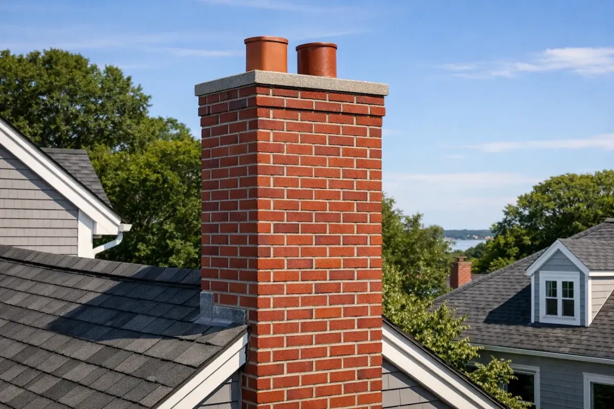 Completed brick chimney rebuild in Newburyport MA with restored masonry