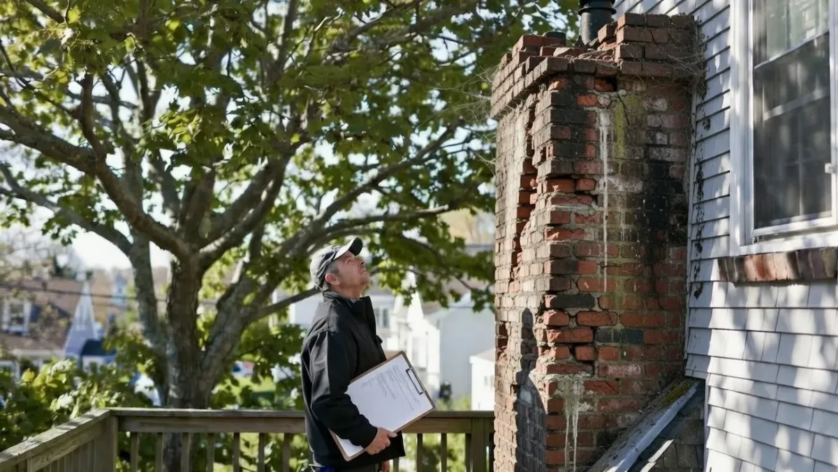 Chimney inspection in Newburyport MA showing damaged brick and deteriorating mortar joints on residential home