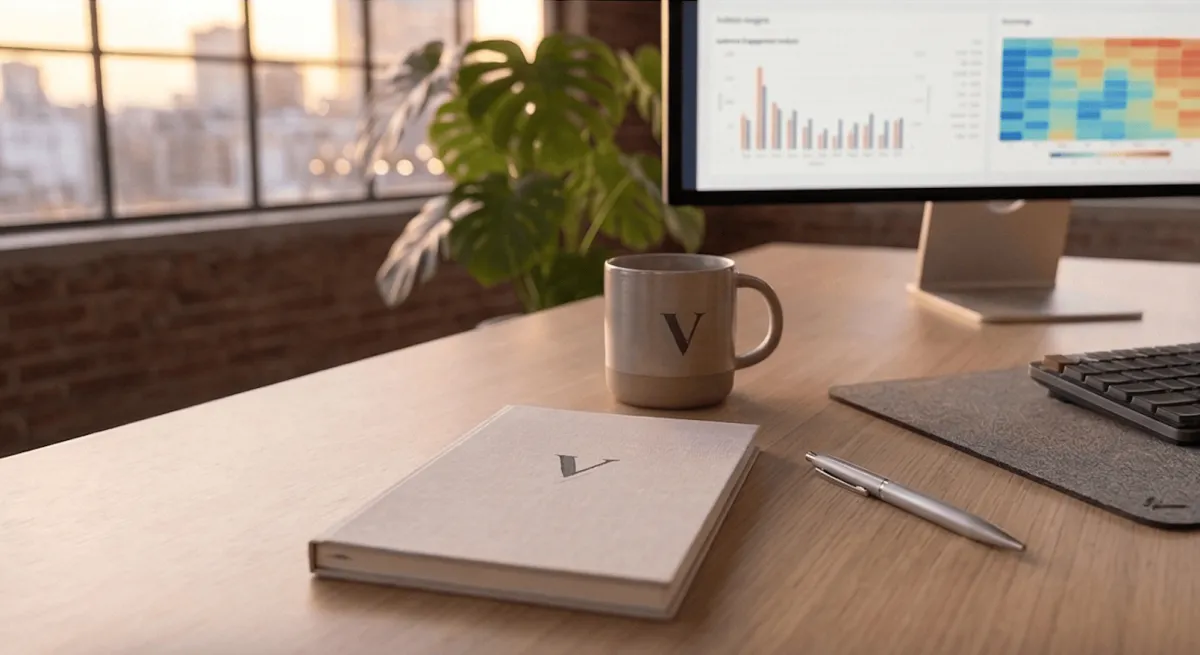 A desk featuring a large planning ledger and a coffee mug both with the initial "V" with a pen and a computer and keyboard partially in view in an office with a large window